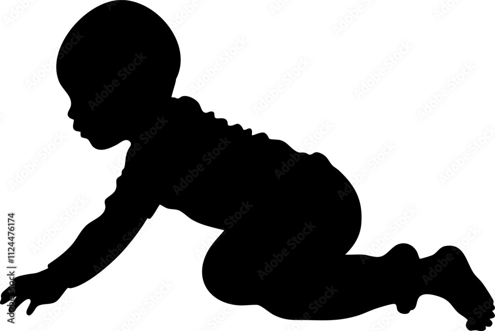 A silhouette of a crawling baby, representing early childhood movement and exploration. Ideal for family or parenting themes. A silhouette of a crawling baby, representing early childhood movement and exploration. Ideal for family or parenting themes.
