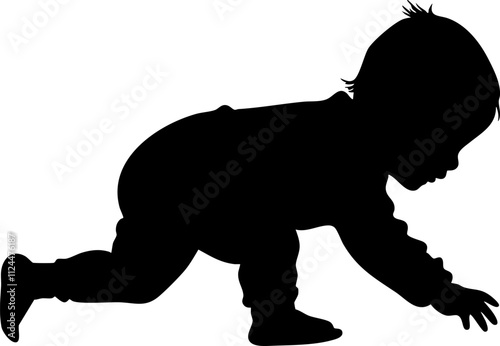 A silhouette of a crawling baby, representing early childhood development, curiosity, and playfulness in children.