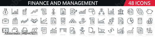 48 finance and management line icons set. Money, graph, calculator, tax, banking, business - stock vector