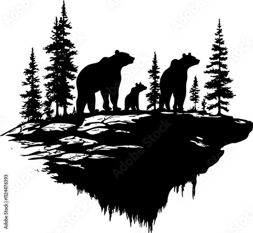 A striking silhouette of a bear family amidst tall trees, representing wildlife and nature in a serene outdoor setting.