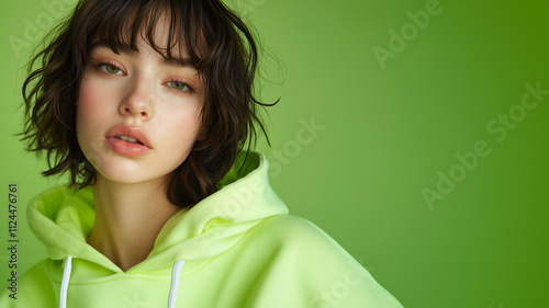 Portrait photography of a female model wearing a lime green hoodie with a white zipper in the center of her chest, short wavy hair with bangs, and a grape green background in a close-up shot. photo