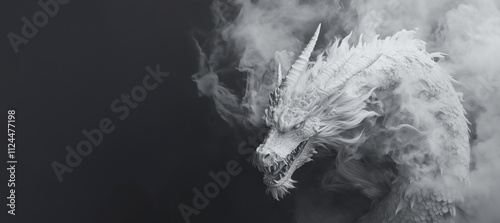 white dragon , shrouded in mist and surrounded by fog, looking at the camera from above. The background is dark gray, creating an atmosphere of mystery and horror. Highlighting details such as scales  photo