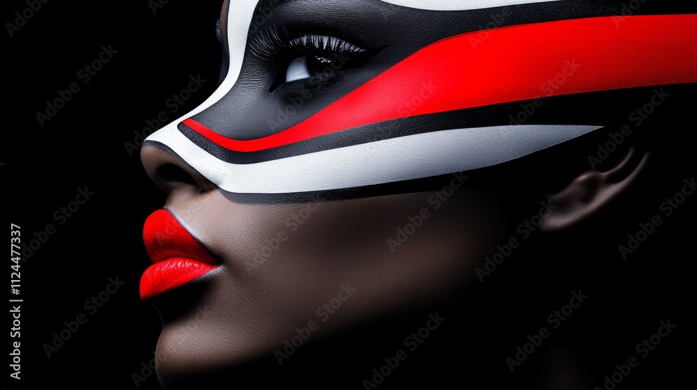 Obraz premium Woman with red lips and black and white stripes painted on her face. The image has a bold and striking look to it, with the woman's lips being the focal point