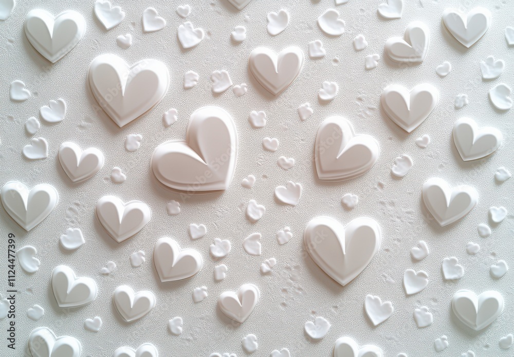 Textured background featuring an array of white heart shapes of various sizes, creating a romantic and playful atmosphere ideal for wedding or love-themed projects Textured background featuring an array of white heart shapes of various sizes, creating a romantic and playful atmosphere ideal for wedding or love-themed projects