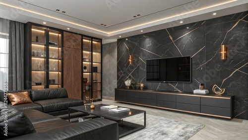 Ivory high-gloss TV wall with champagne silver trims, Refined ivory and silver decor

