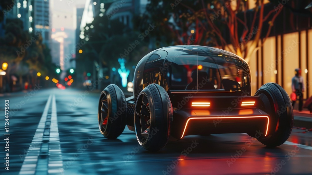 Futuristic autonomous vehicle cruising through a neon-lit city street at night Futuristic autonomous vehicle cruising through a neon-lit city street at night