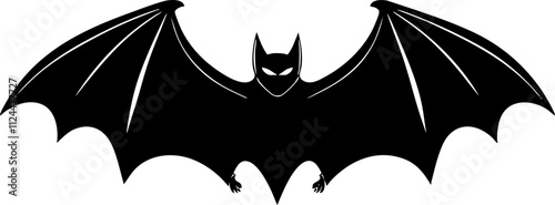 A stylized black silhouette of a bat in flight, showcasing its wings and features, ideal for Halloween or wildlife designs.