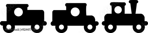 A simple black silhouette of three cartoon-style train cars, ideal for children's illustrations or transportation-themed designs.