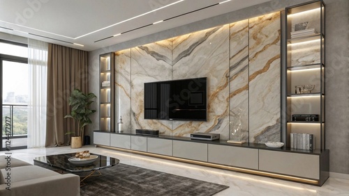 Ivory high-gloss TV wall with champagne silver trims, Refined ivory and silver decor

