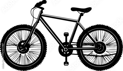 A simple black and white vector illustration of a mountain bike showcasing its wheels, frame, and handlebars.