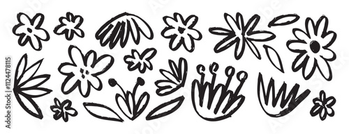 flowers black ink brush grunge drawing, monochrome botanical illustration isolated icons. Hand drawn floral vector elements clipart