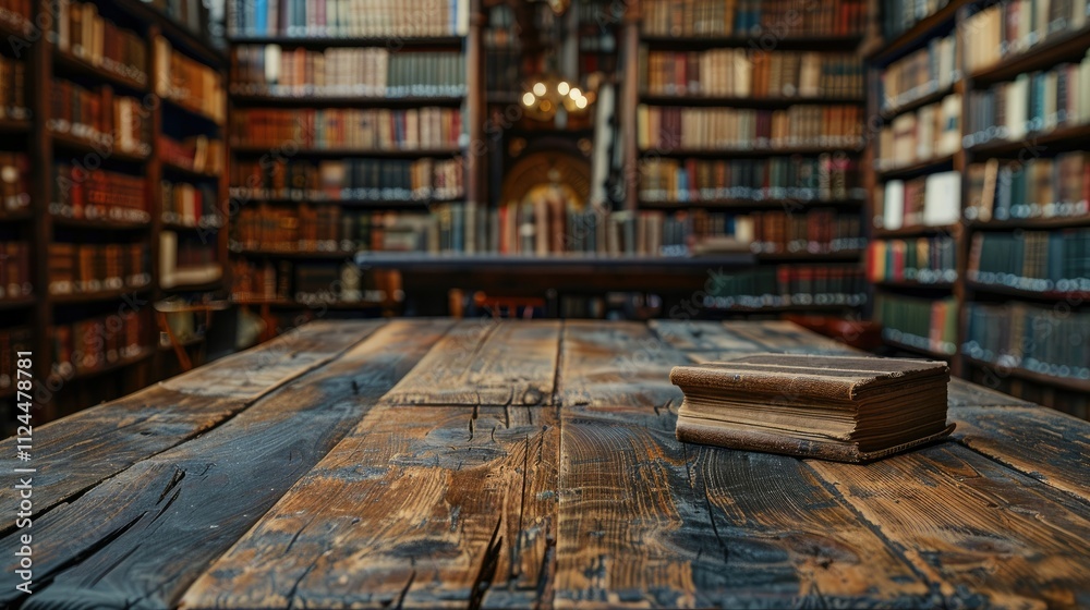 Old book on rustic wooden table in a grand library. Old book on rustic wooden table in a grand library.