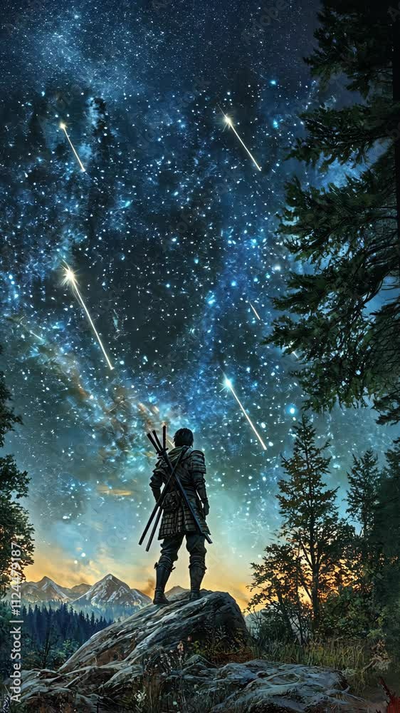 Samurai stands under a breathtaking starry sky with shooting stars in a tranquil wilderness setting at night