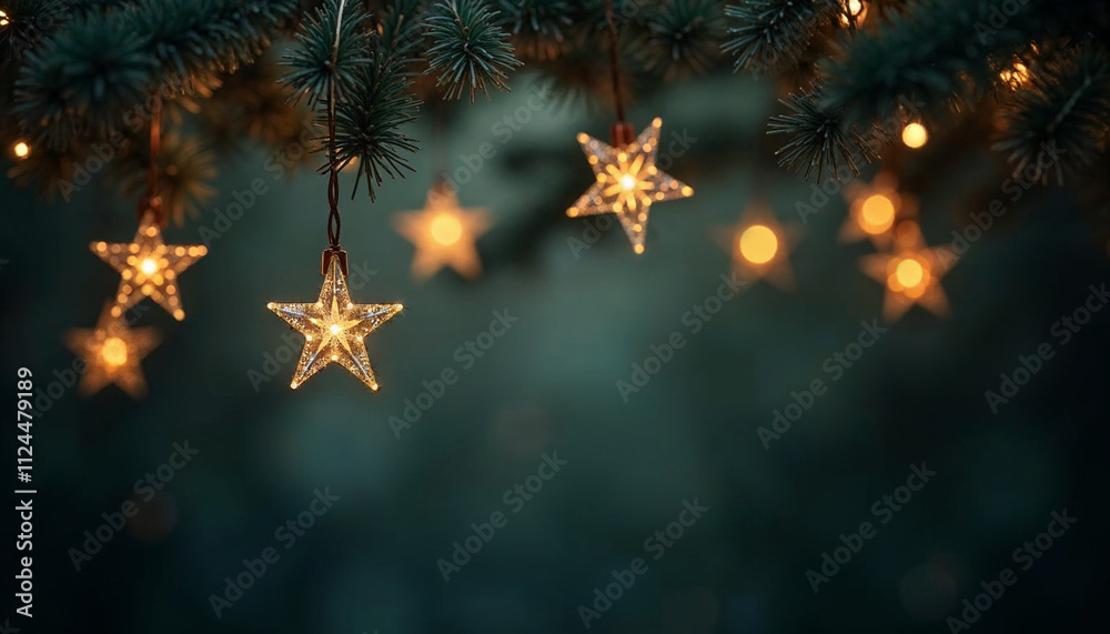 Christmas Lights - Stars String Hanging At Fir Branches In Abstract Defocused Background Christmas Lights - Stars String Hanging At Fir Branches In Abstract Defocused Background