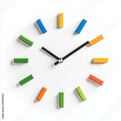 Modern Minimalist Clock: A contemporary take on timekeeping with a unique design featuring colorful rectangular hour markers on a minimalist white background.  