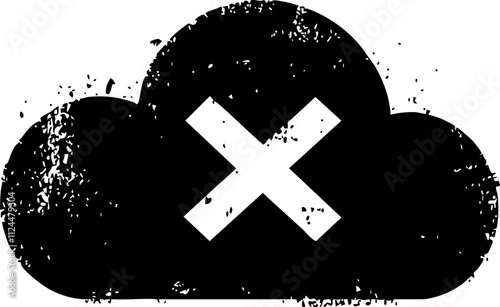 A grunge-style cloud icon featuring a cross symbol, representing error or deletion in digital contexts.