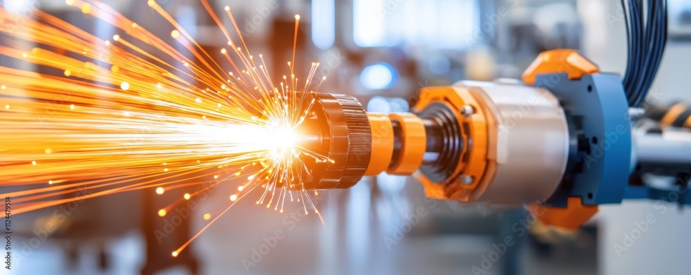 Obraz premium Precision Engineering Sparks from Industrial Machine Tool Operation