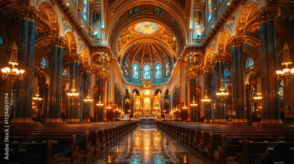 Naklejka premium Ornate church interior with golden details, stained glass, and rows of pews.