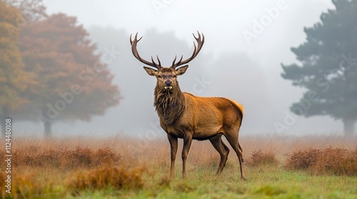 Red stag in the misty countryside. natural forest, natural and mystical aura.