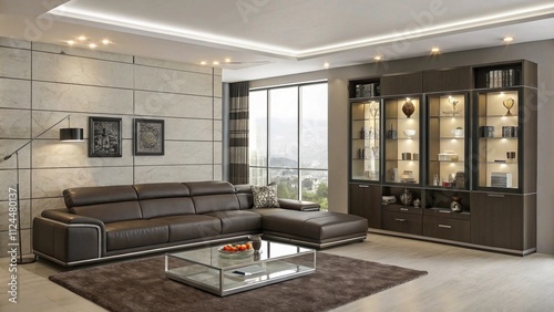 Ash gray stone veneer TV wall with blackened steel trims, Industrial stone and steel design

