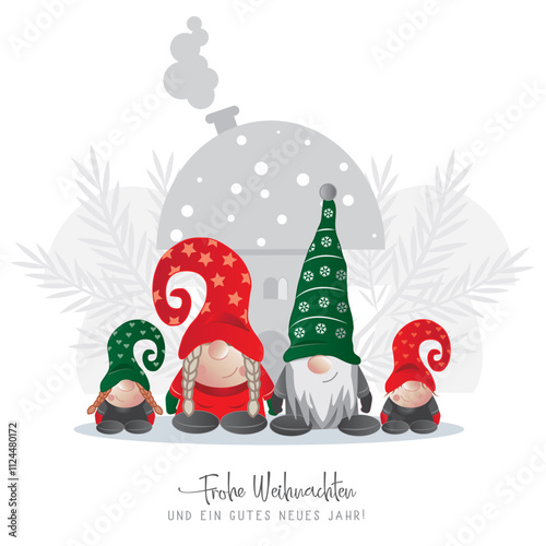 Weihnachtskarte mit Wichtelfamilie vor Pilzhaus Vektor Illustration mit deutschem Text