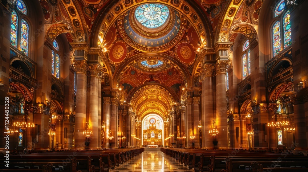 Naklejka premium Ornate church interior with gold detailing, stained glass, and rows of pews.