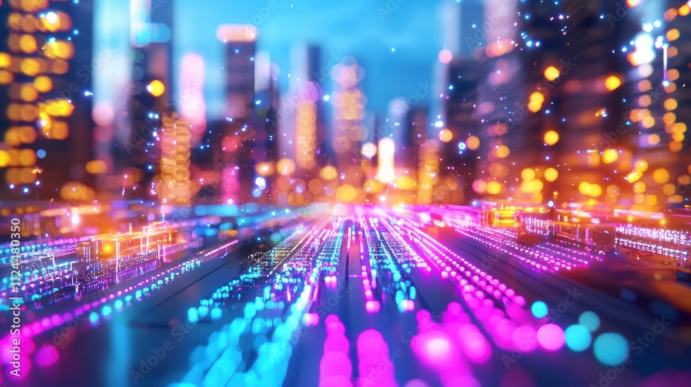 Abstract city skyline with colorful lights and bokeh effects Abstract city skyline with colorful lights and bokeh effects