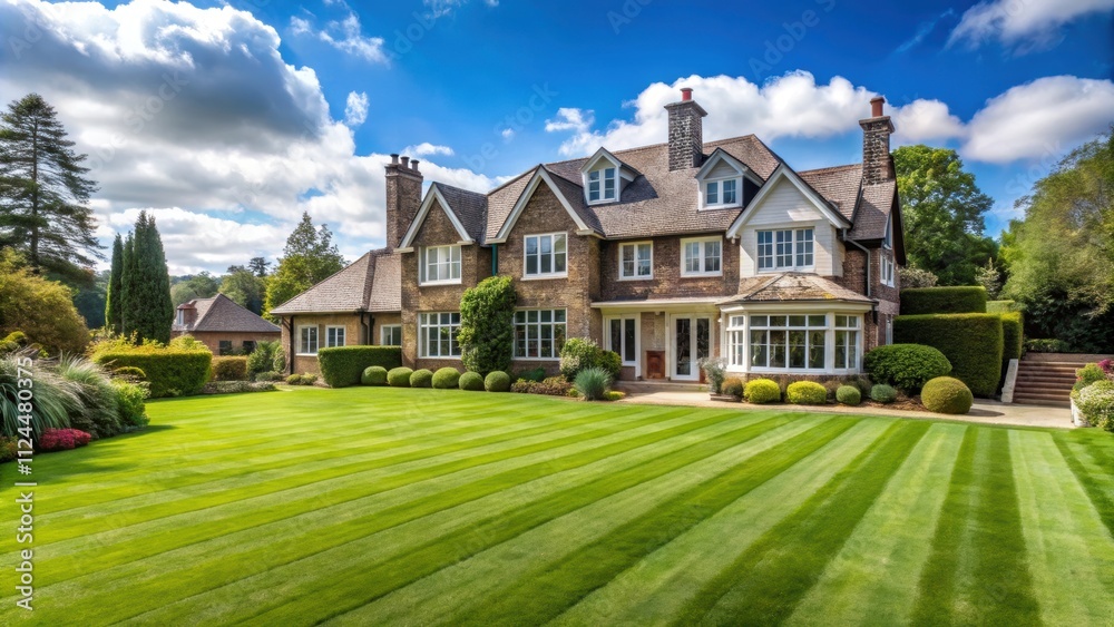 Large house with a spacious lawn , mansion, estate, grass, architecture, exterior, luxury, home, property, building, garden