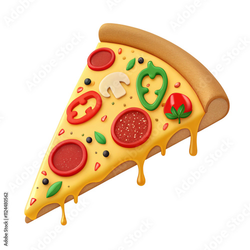 3D food icons showcasing a  pizza slice with realistic textures and a playful, vibrant style.