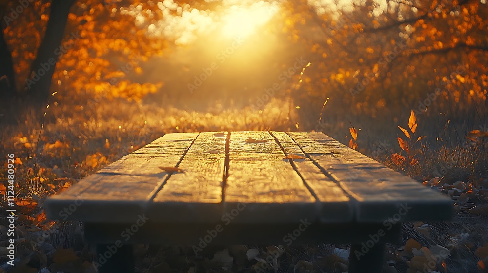 Sunset reflection on wooden platform autumn forest nature scene