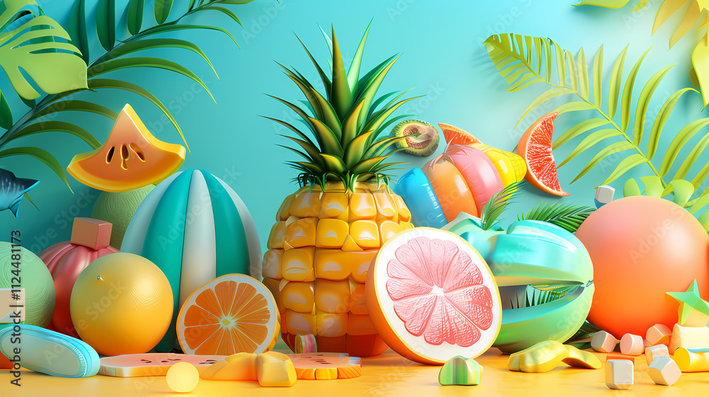 Summer Fruit Fiesta: A vibrant 3D render of tropical fruits, playful shapes, and palm leaves creates a cheerful summer scene. Perfect for adding a touch of fun and zest to your designs. Summer Fruit Fiesta: A vibrant 3D render of tropical fruits, playful shapes, and palm leaves creates a cheerful summer scene. Perfect for adding a touch of fun and zest to your designs.