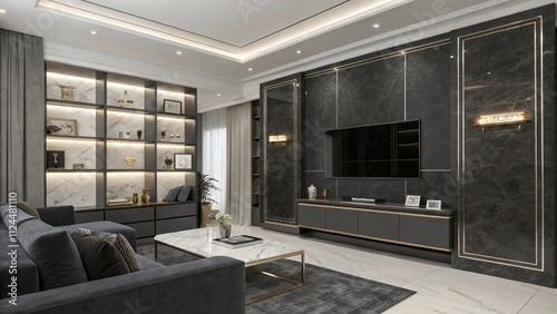 Ash gray stone veneer TV wall with blackened steel trims, Industrial stone and steel design

