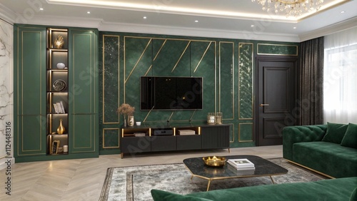 Ash gray stone veneer TV wall with blackened steel trims, Industrial stone and steel design

