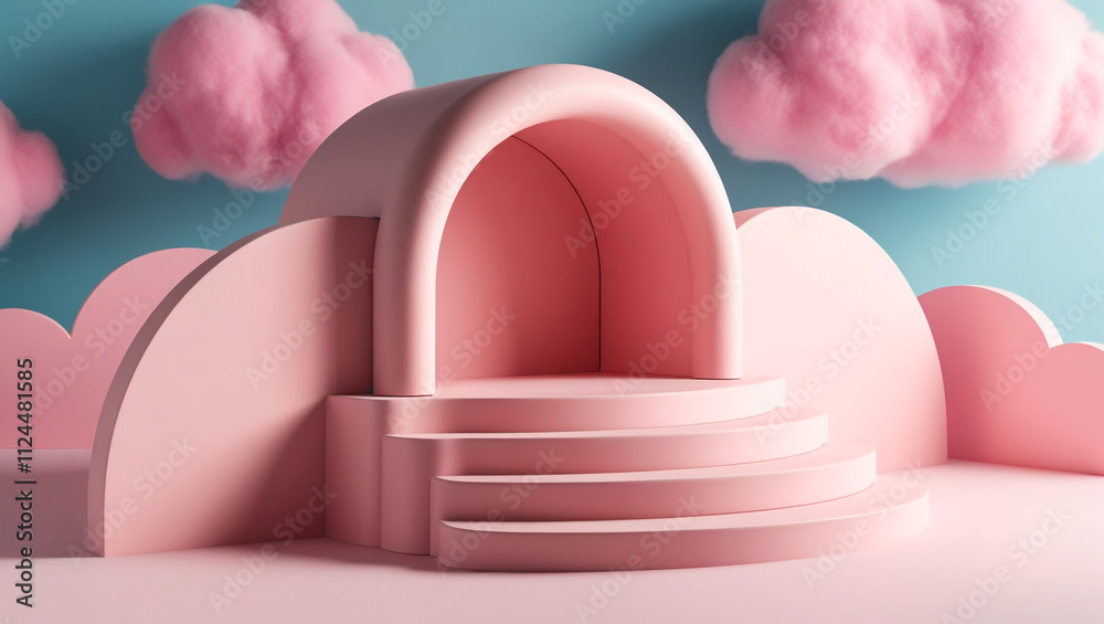 Whimsical pink platform with an arch surrounded by fluffy clouds, creating a dreamy, surreal atmosphere. Perfect for conceptual, fantasy, or dream-inspired backgrounds and designs. Whimsical pink platform with an arch surrounded by fluffy clouds, creating a dreamy, surreal atmosphere. Perfect for conceptual, fantasy, or dream-inspired backgrounds and designs.