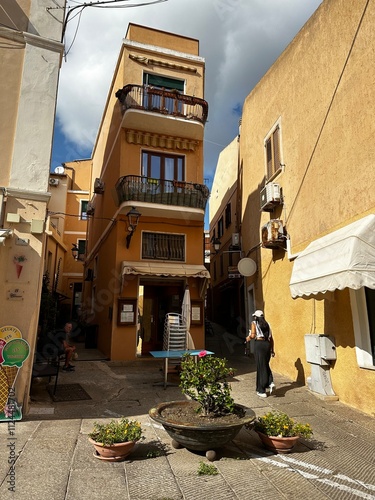 A street view of the town La Maddalena, located on the islands of the Maddalena archipelago in the province of Sassari, northern Sardinia, Italy. Sunny autumn day