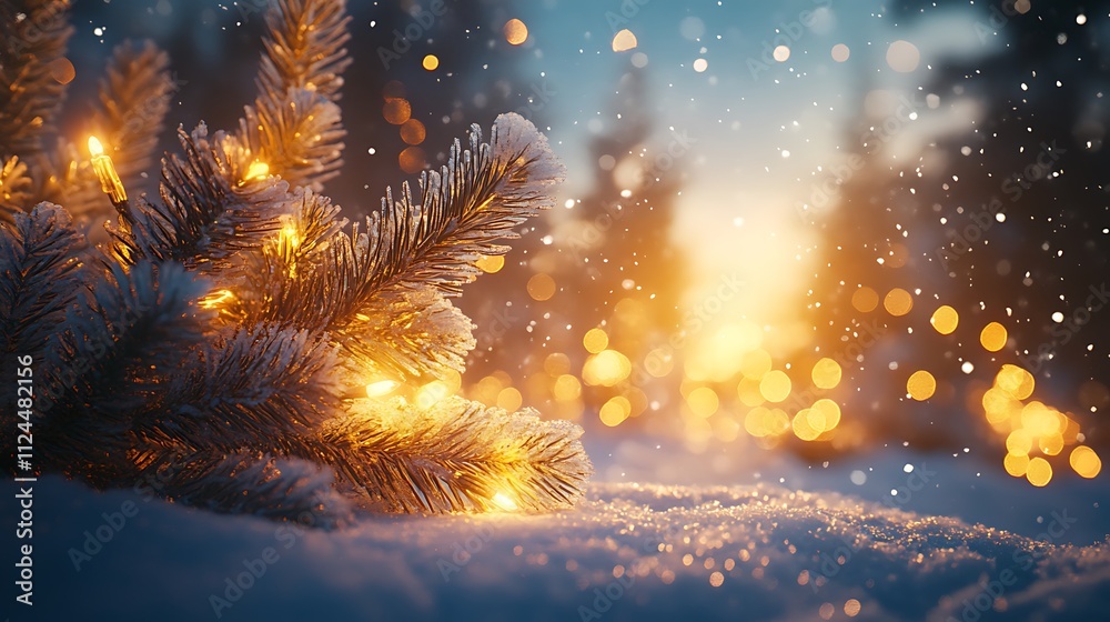 Fototapeta premium Winter wonderland festive pine branches glowing in snowy landscape