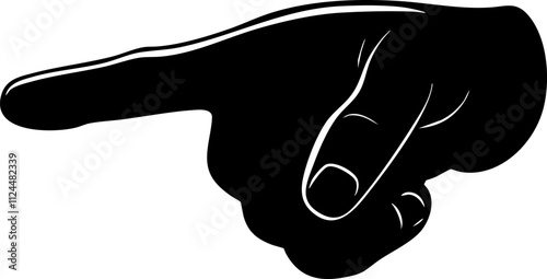 A stylized black illustration of a hand pointing, commonly used to indicate direction or emphasize a specific point.