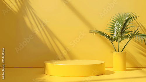 Sunshine and Palm: A minimalist product display featuring a bright yellow podium and a potted palm plant, bathed in warm sunlight.