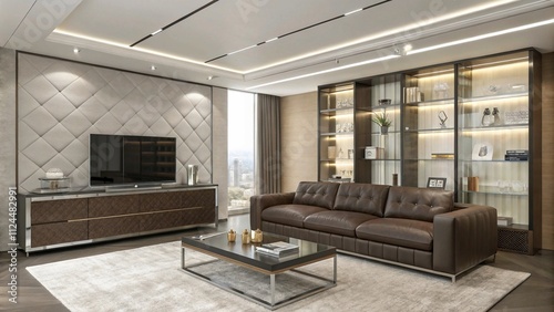 Ash gray stone veneer TV wall with blackened steel trims, Industrial stone and steel design

