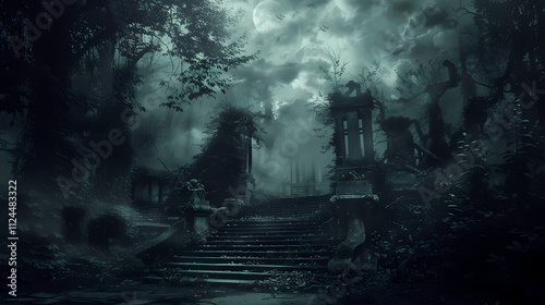 Whispers of the Forgotten: A haunting, atmospheric image of a shadowy forest path, leading up overgrown stone steps towards an ancient, crumbling structure. The air is thick with mist and mystery.