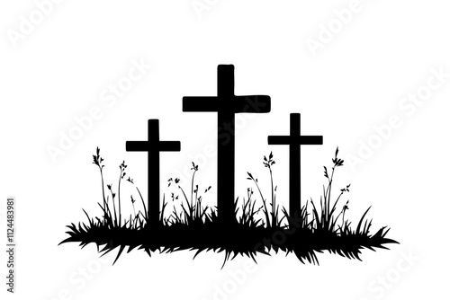 A silhouette of three crosses surrounded by grass, symbolizing remembrance and spirituality in a serene graveyard setting.