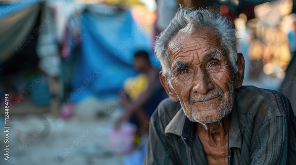 portrait of an elderly refugee man, against the background of a refugee camp, sad mood, sad look, world Refugee Day portrait of an elderly refugee man, against the background of a refugee camp, sad mood, sad look, world Refugee Day