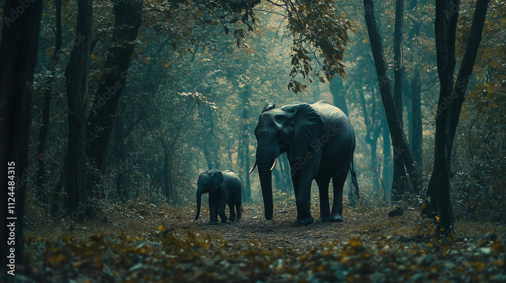 Fototapeta premium mother elephant and baby elephant at the middle of the forest, wildlife photography