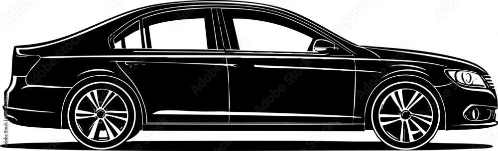 A sleek black sedan illustrated in side view, showcasing modern design and stylish features, ideal for automotive graphics. A sleek black sedan illustrated in side view, showcasing modern design and stylish features, ideal for automotive graphics.