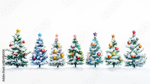 Watercolor cartoon illustration. Snow-covered Christmas trees with toys and balls stand in a row.
