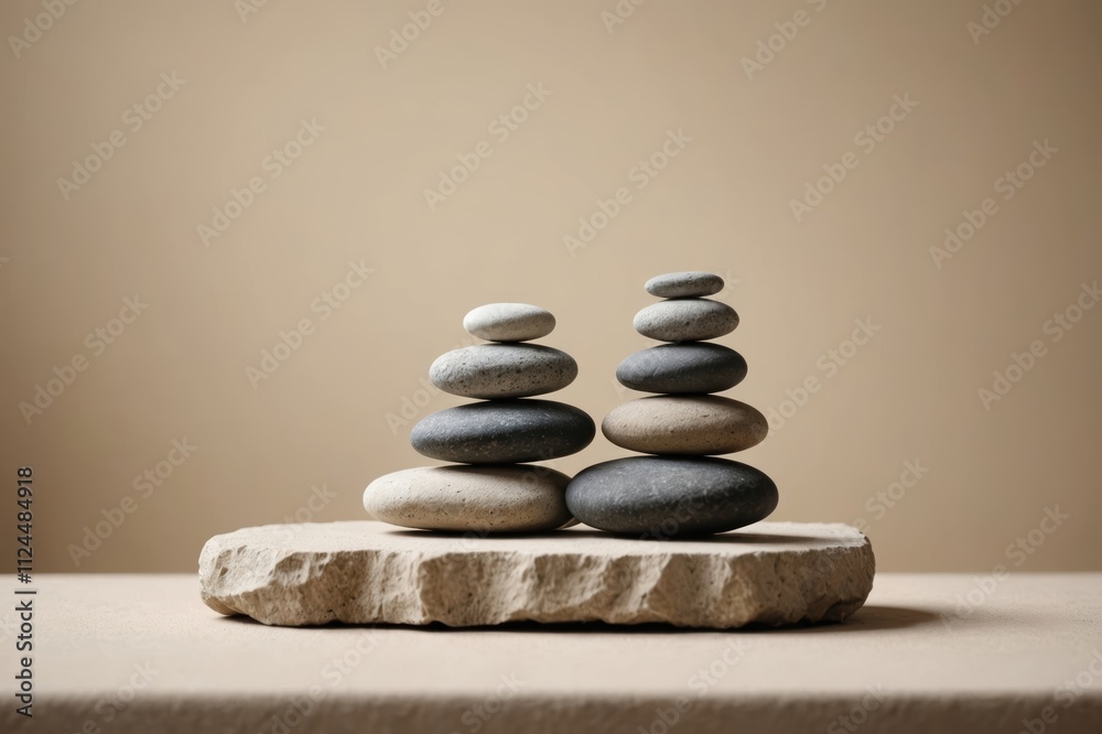 Stack of stones platform podium on beige light background. Minimal empty display product presentation scene. Stack of stones platform podium on beige light background. Minimal empty display product presentation scene.