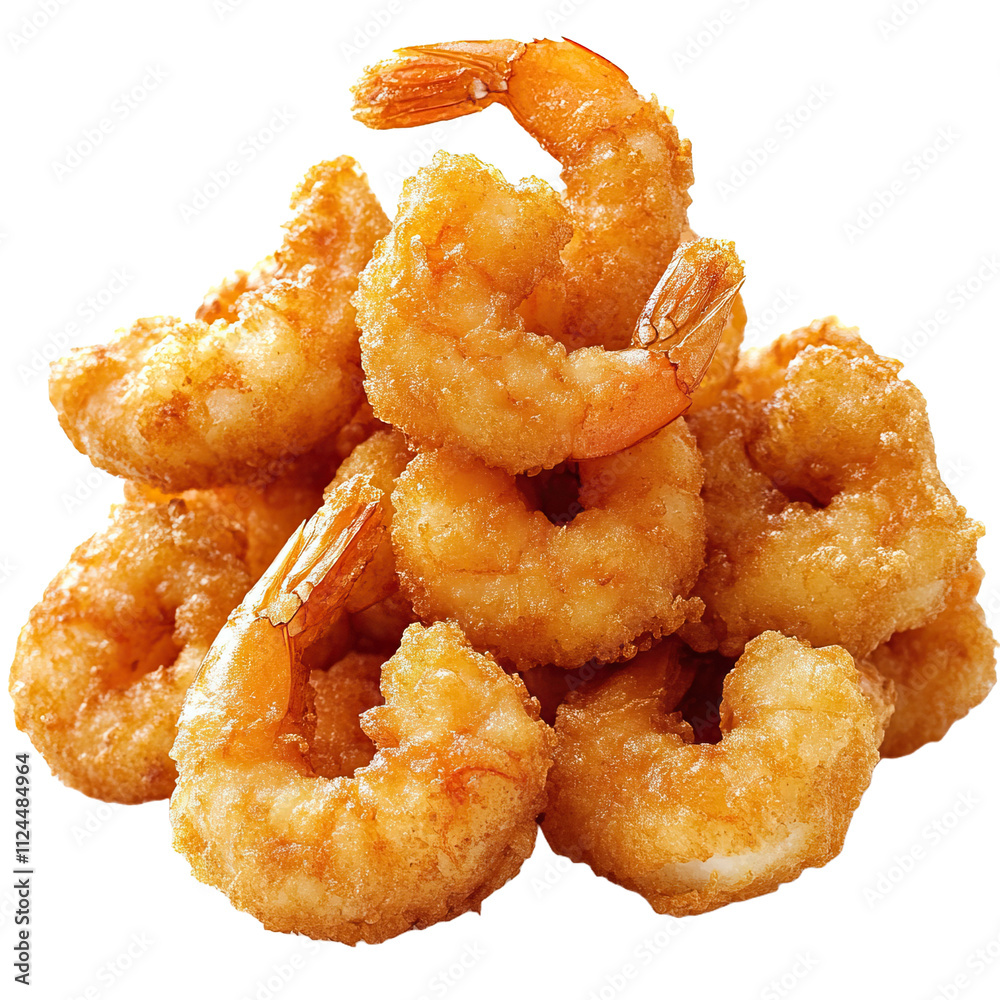 Golden brown fried shrimp isolated on white and transparent background