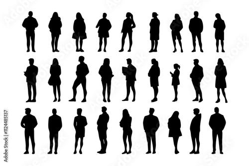 A collection of silhouetted figures representing diverse individuals in various standing poses, suitable for design and illustration purposes.