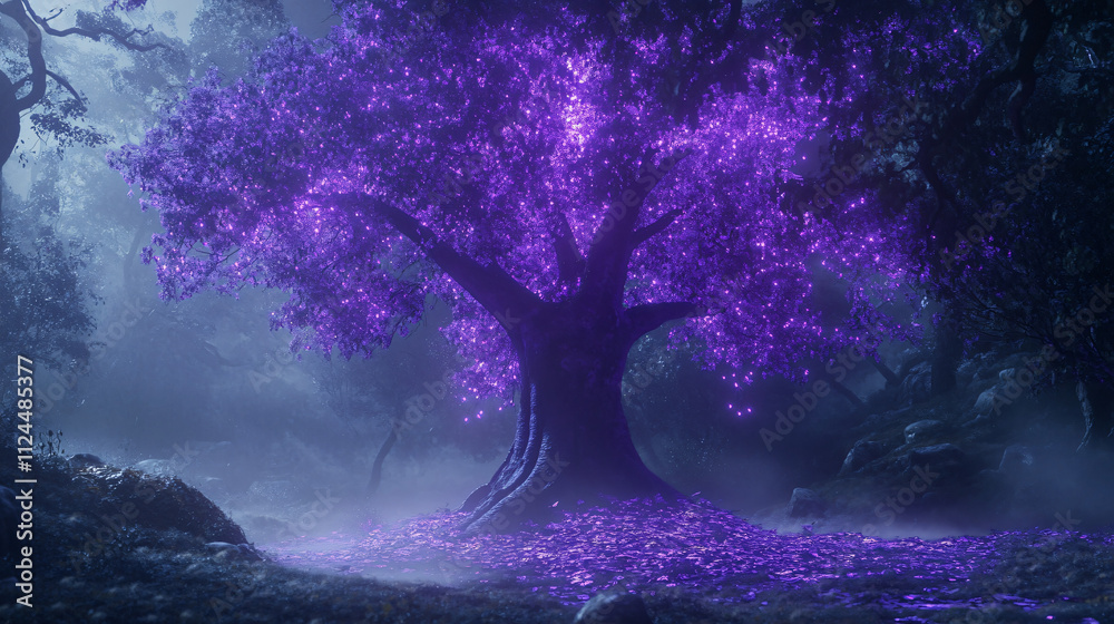 A glowing purple tree standing in a mystical forest, with luminous leaves and a fog-covered ground. A glowing purple tree standing in a mystical forest, with luminous leaves and a fog-covered ground.