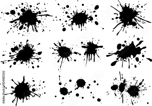 A collection of black ink splashes and stains, perfect for artistic designs and creative backgrounds.